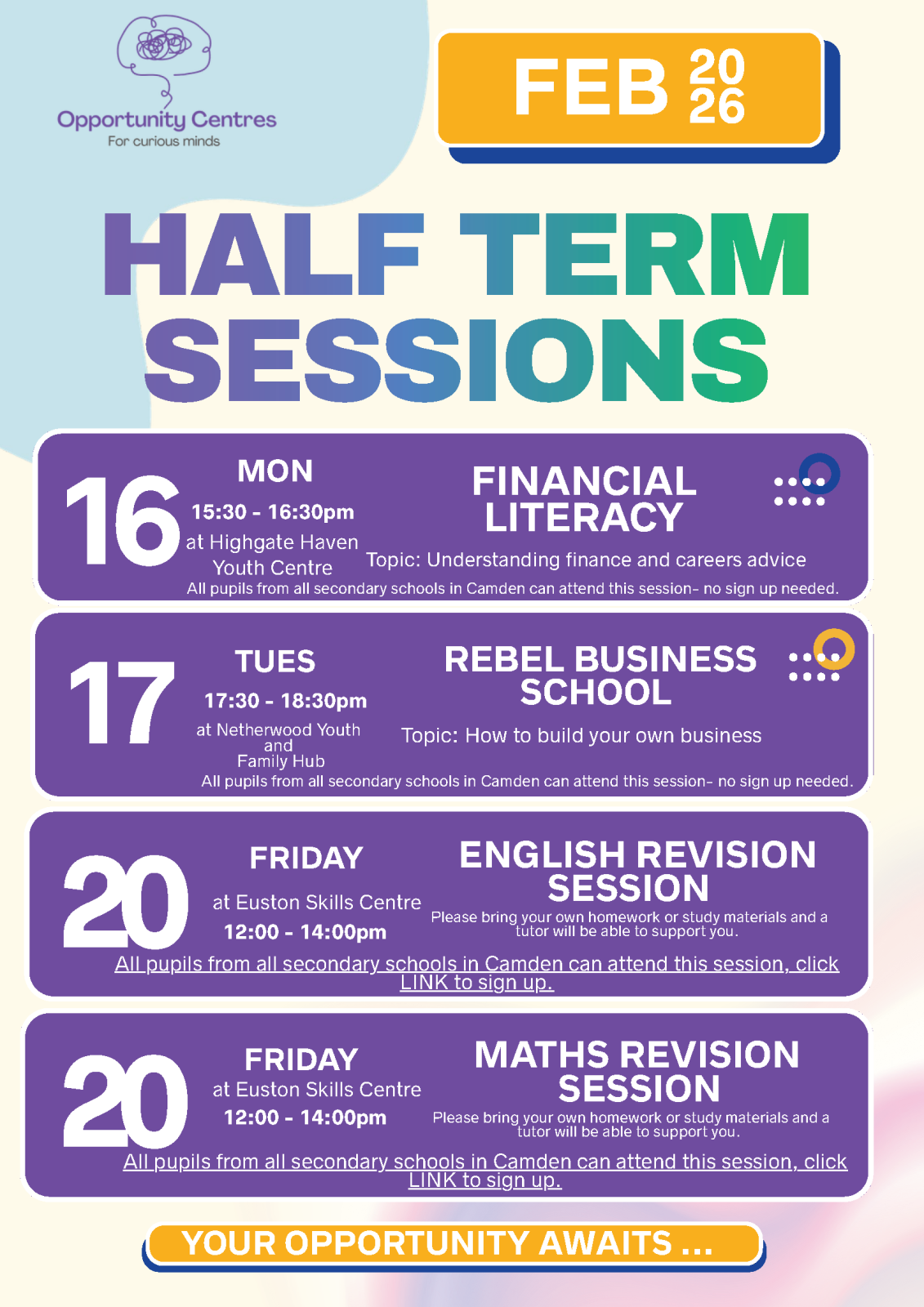 Camden Opportunity Centre Sessions - Feb Half Term