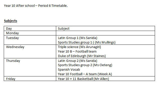Extracurricular Timetable