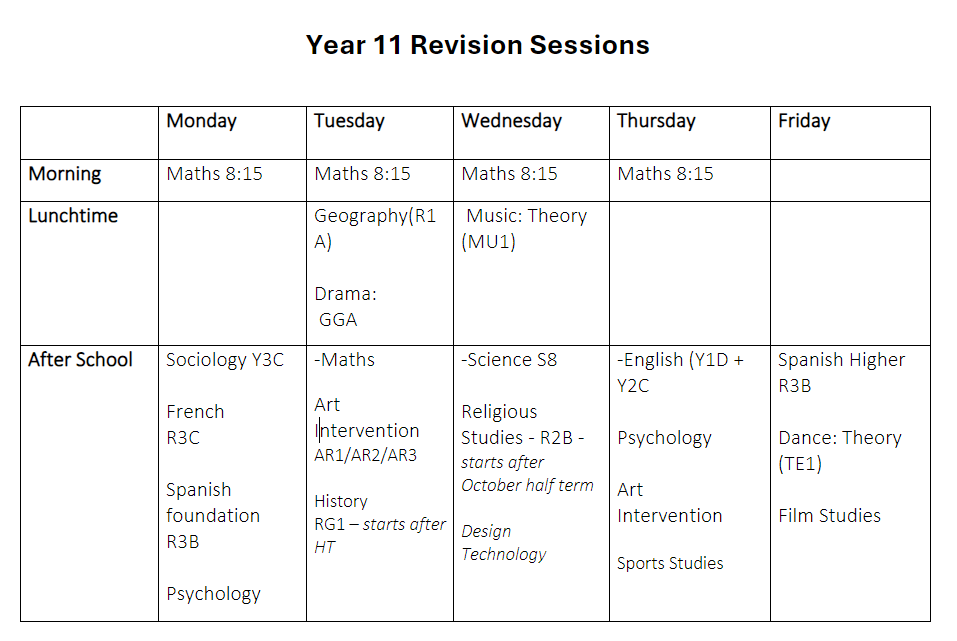 Y11 Revision timetable