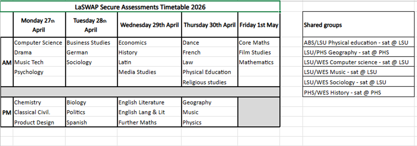 Y12 Secure Assessments timetable