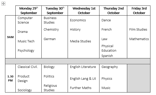Y13 mock exams timetable